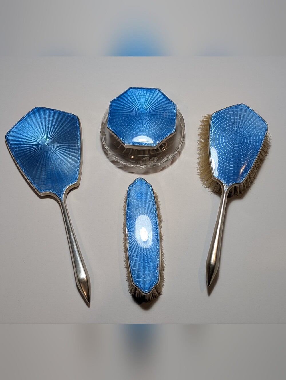 Art Deco Blue Guilloche Enamel & Sterling Silver 4pc Vanity Grooming Set 1929-32